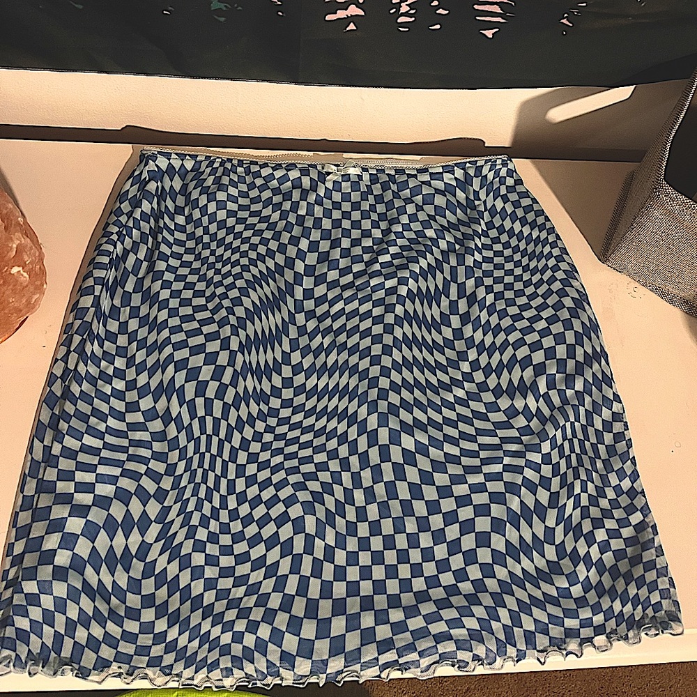 Blue checkered mini skirt with small bow